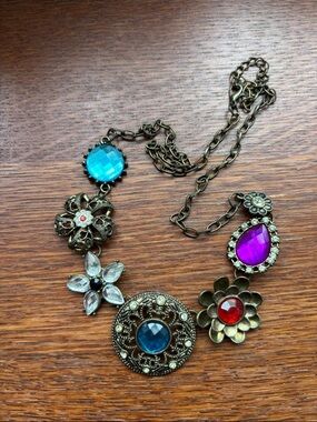 Bohemian Multigem Floral Pendant Necklace - Blue, Purple & Red